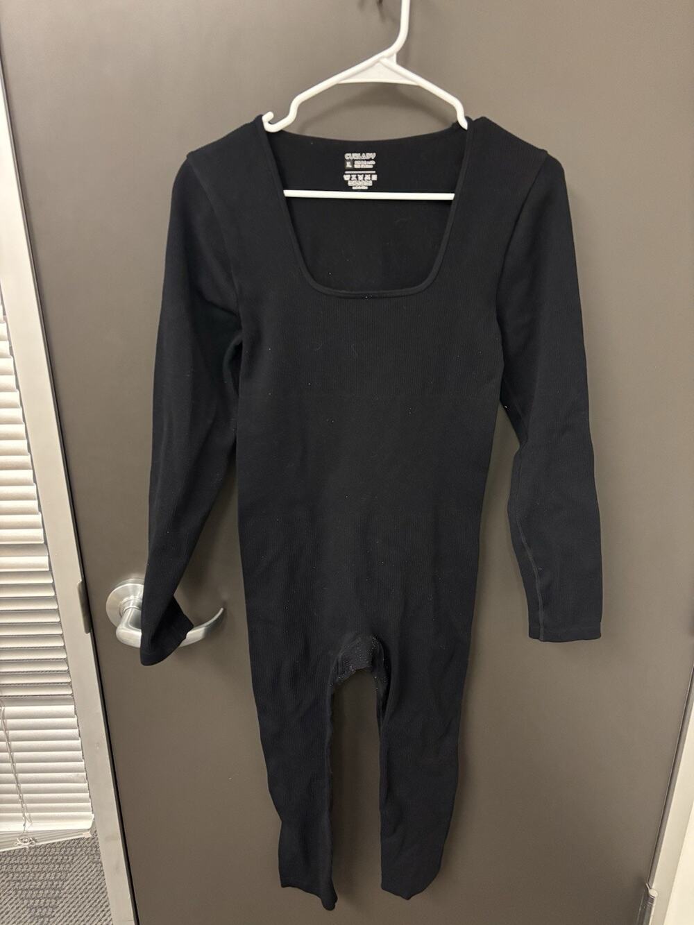 Black Ribbed Long-sleeve Unitard One Piece Bodysuit Size XL (AA-03)